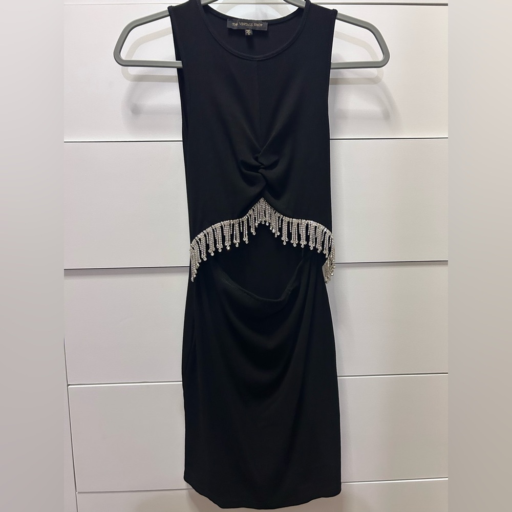 Black Sleeveless Embellished Cut Out Short Dress